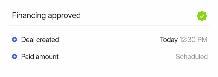 Financing approved with deal created today at 12:30 PM and paid amount scheduled.
