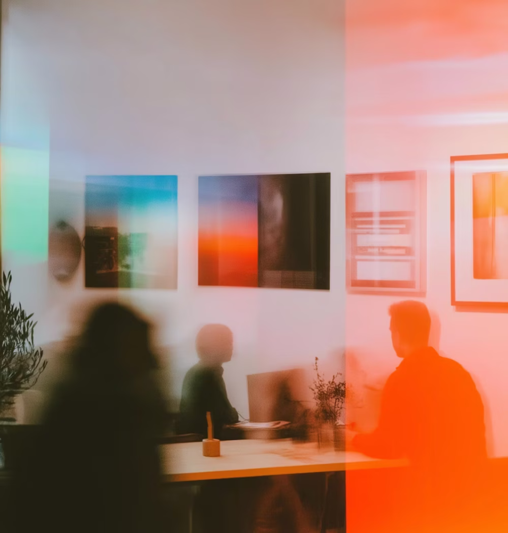 Blurred image of two people sitting at a table in a brightly lit room with colorful wall art and plants.