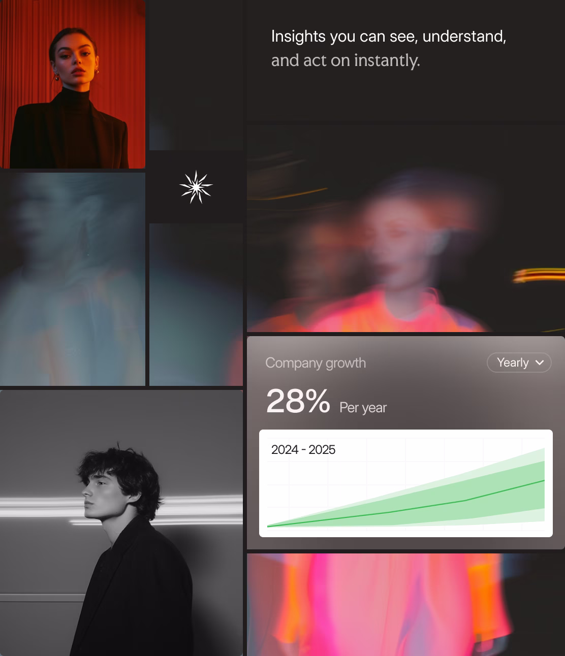 Collage with portraits of young adults in artistic blur and sharp focus, alongside a graph showing 28% yearly company growth for 2024-2025.