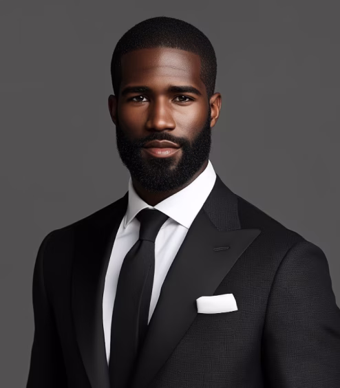 Portrait of a confident Black man with a beard wearing a black suit, white shirt, black tie, and white pocket square against a gray background.