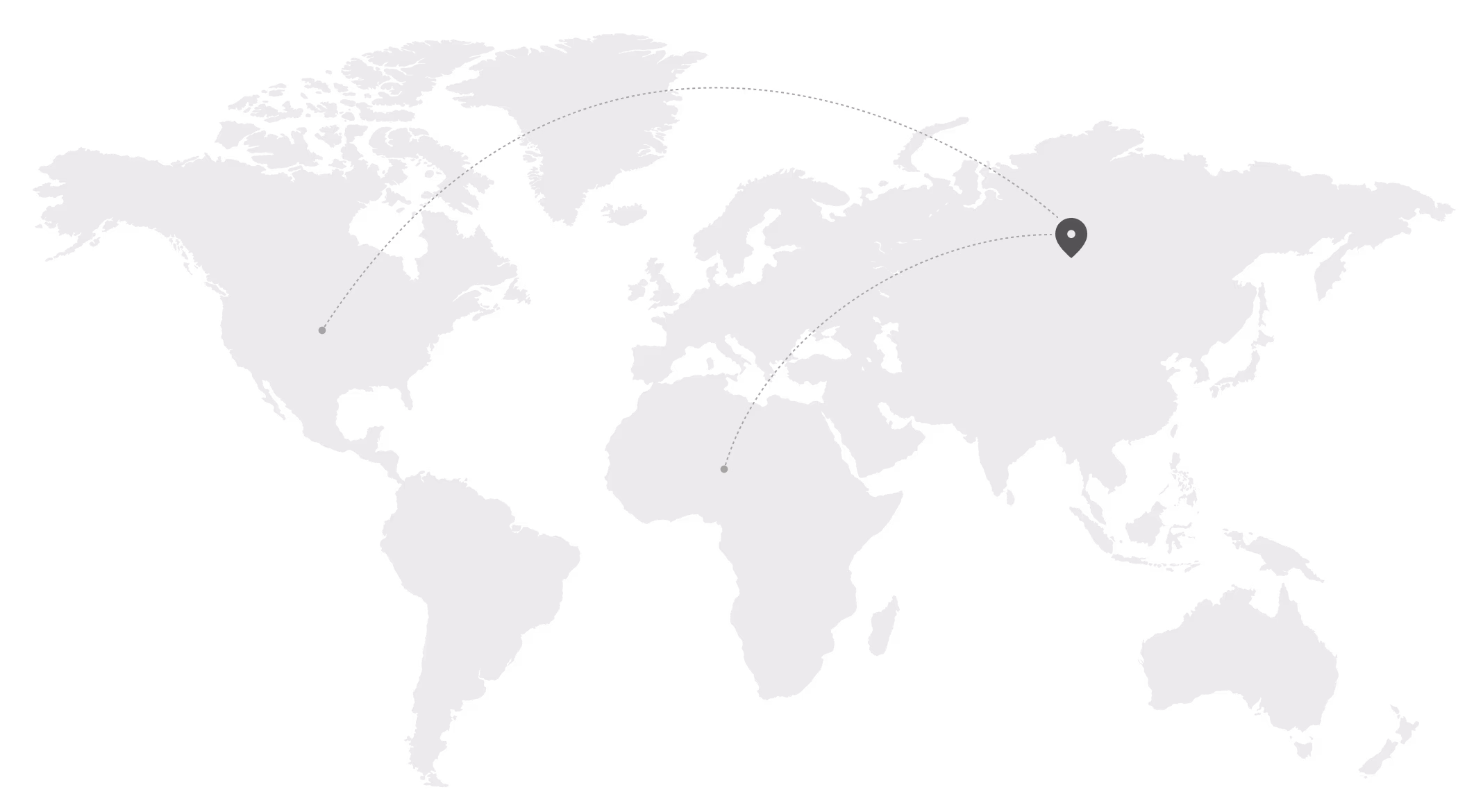 Simplified world map in gray with location pins and curved lines connecting them across continents.